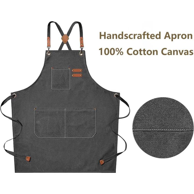 Chef Aprons for Men Women with Large Pockets, Cotton Canvas Cross Back Heavy Duty Adjustable Work Apron, Size M to XXL(Grey)