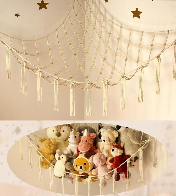 Stuffed Animal Hammock Corner with LED Light - Storage Hammock Plushie Net Large - Cute Stuff Animals Holder Hanging Organizer - Room Decor Nursery Bedroom Boho