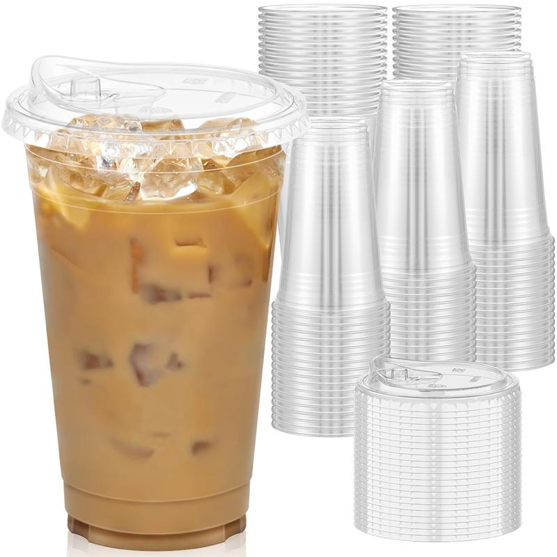 100 Pack - 20 oz Clear Disposable Plastic Cups with Lids, Sturdy & Food Safe, Sip Lids, To-Go Cups, for Iced Coffee, Party, Juice, Milk Tea, Smoothie, Cold Beverages, and Drinks.