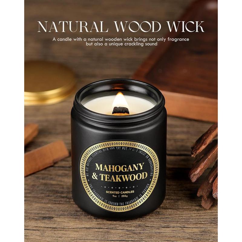 Scented Candles for Men - Mahogany & Teakwood Candles for Home Scented | Crackling  Wick Soy Candles |  Fragranced Masculine Black Candle Gift for Women & Men, 9oz