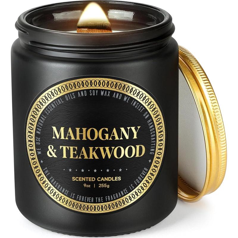 Scented Candles for Men - Mahogany & Teakwood Candles for Home Scented | Crackling  Wick Soy Candles |  Fragranced Masculine Black Candle Gift for Women & Men, 9oz