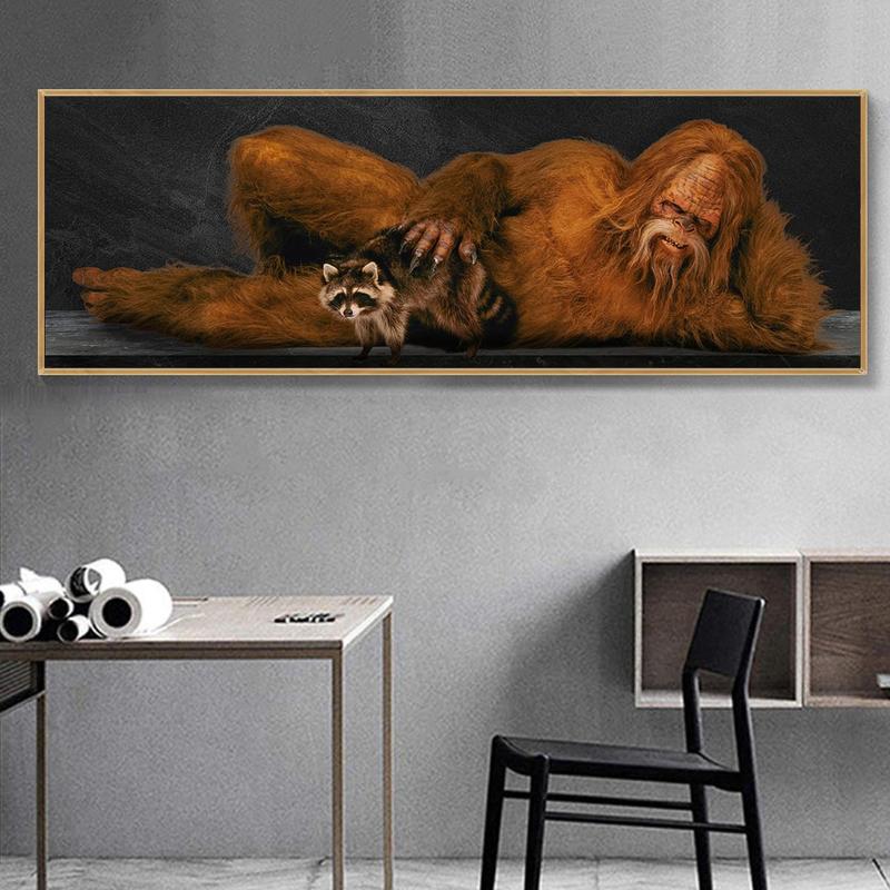 Sasquatch & Raccoon Pattern Canvas Poster without Frame, 1 Count Modern Animal Art Painting, Wall Art Decor for Home Living Room Bedroom Office