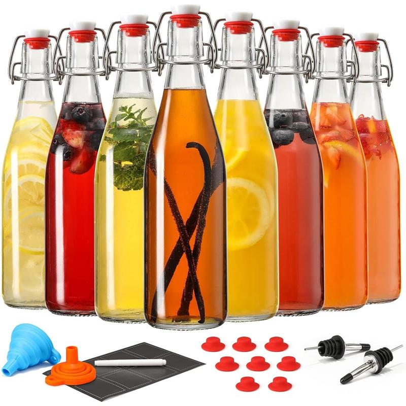 8 Set, 16 OZ Swing Top Glass Bottles - Flip Top Beer Brewing Bottles with Stopper for 2nd Fermentation, Kombucha, Mead Kefir, Vanilla Extract, Juice, Tea, Wine - Airtight Cap Lids, Bonus 2 Pourers