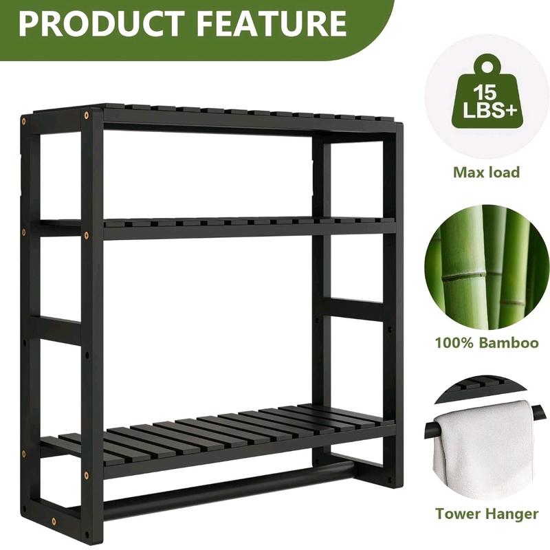 Over The Toilet Storage Bathroom Storage Shelves Organizer Adjustable 3 Tiers Floating Shelves for Wall Mounted with Hanging Rod (Black)