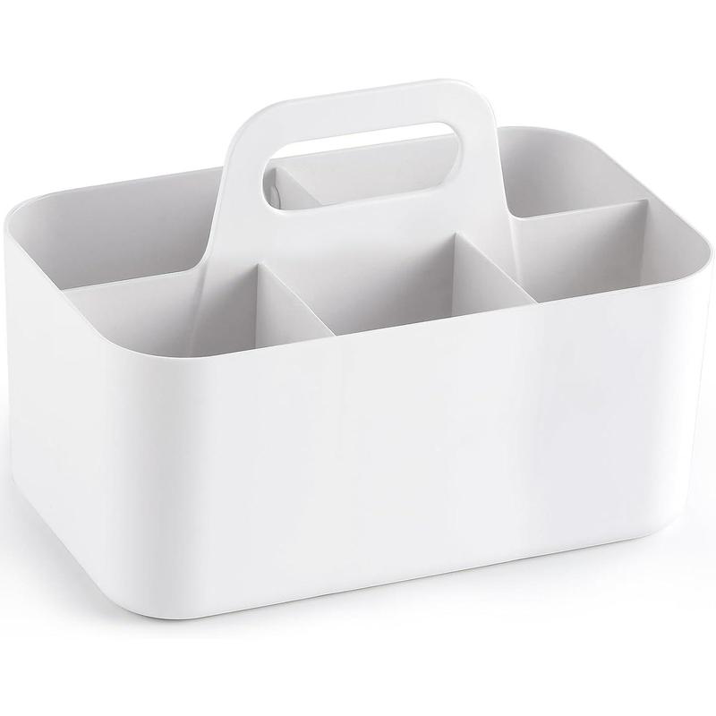 Multiuse Caddy Organizer with Handle - Stackable Plastic Bin Basket - Divided Storage Tote Holder for Art Craft Supplies, Makeup, Bathroom, Shower, Cleaning, Kitchen, Office, Dorm, Desktop - White