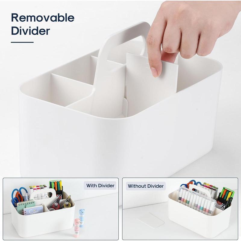 Multiuse Caddy Organizer with Handle - Stackable Plastic Bin Basket - Divided Storage Tote Holder for Art Craft Supplies, Makeup, Bathroom, Shower, Cleaning, Kitchen, Office, Dorm, Desktop - White