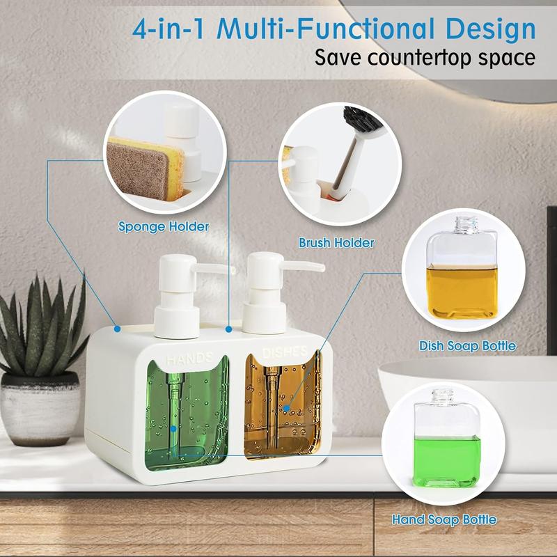 Kitchen Soap Dispenser Set, with Hand and Dish Soap, Sponge Caddy and Brush Holder 4-in-1 Kitchen Dual Soap Dispenser Set for Kitchen Sink, Bathroom - White