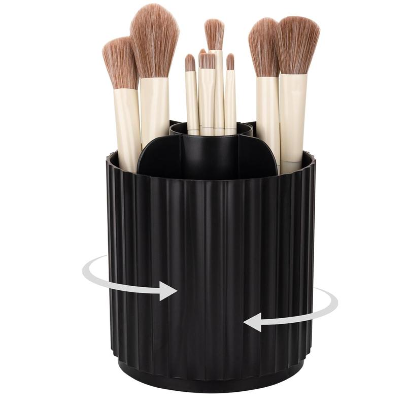 Makeup Brush Holder Organizer 360Rotating Make Up Brushes Container for Vanity, Spinning Cosmetics Storage Cup Pen Holder, Stripe Black