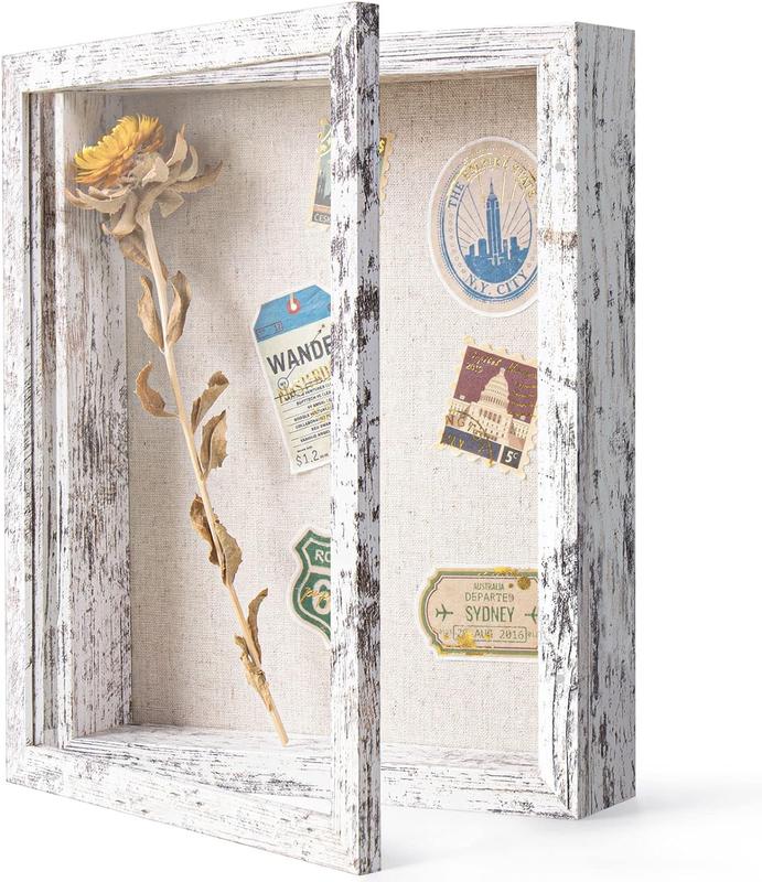 Califortree 8x10 Shadow Box Frame with Linen Back - Real Glass, Push Pins Included, Sturdy Rustic Memory Display Case, Distressed White