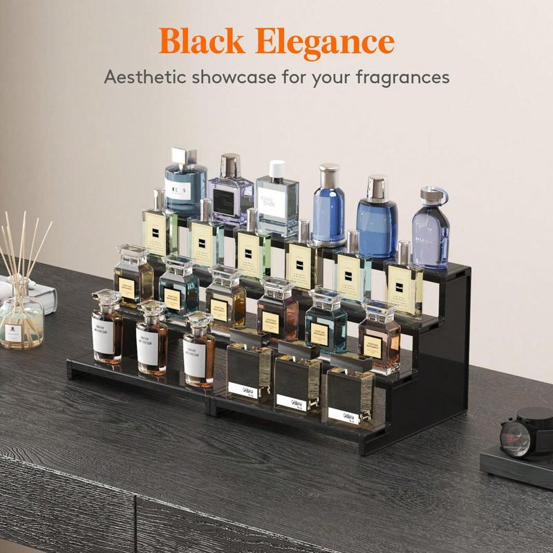 4 Tier Black Display Risers Stand, Plastic Cologne Organizer Perfume Stand, Display For Figures, Cupcake, Dessert, Spice, Fragrance, Countertop, Vanity, Dresser, Cabinet Use (9 Inch, 1 Pack)