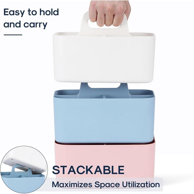 Multiuse Caddy Organizer with Handle - Stackable Plastic Bin Basket - Divided Storage Tote Holder for Art Craft Supplies, Makeup, Bathroom, Shower, Cleaning, Kitchen, Office, Dorm, Desktop - White