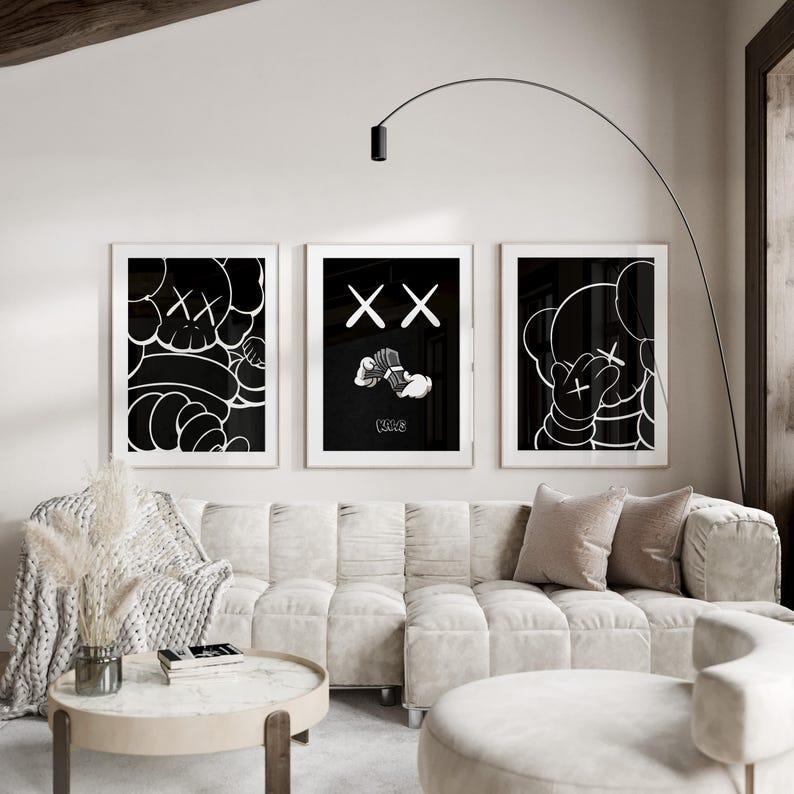 Set of 3 HypeBeast Room Decor, Kaws Wall Art, Hypebeast Poster, Black Aesthetic Print, Cool Wall Art, Kaws Poster