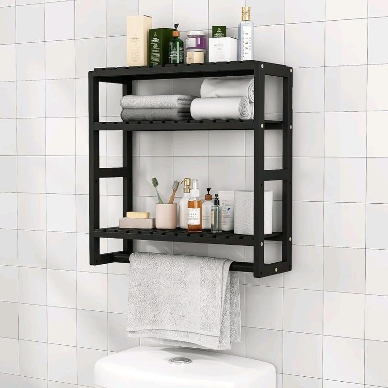 Over The Toilet Storage Bathroom Storage Shelves Organizer Adjustable 3 Tiers Floating Shelves for Wall Mounted with Hanging Rod (Black)