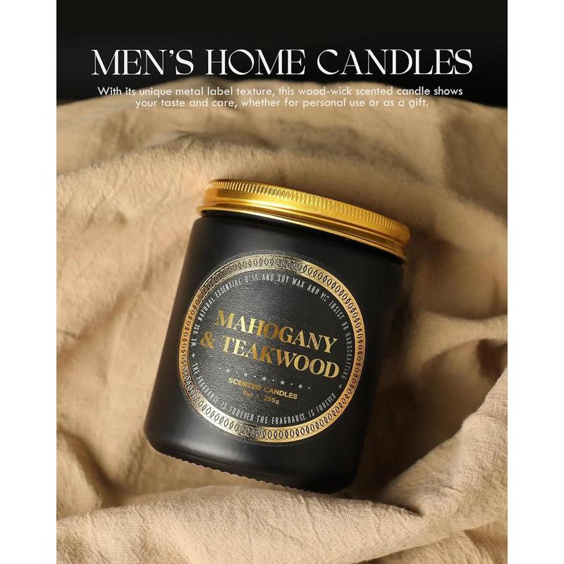 Scented Candles for Men - Mahogany & Teakwood Candles for Home Scented | Crackling  Wick Soy Candles |  Fragranced Masculine Black Candle Gift for Women & Men, 9oz