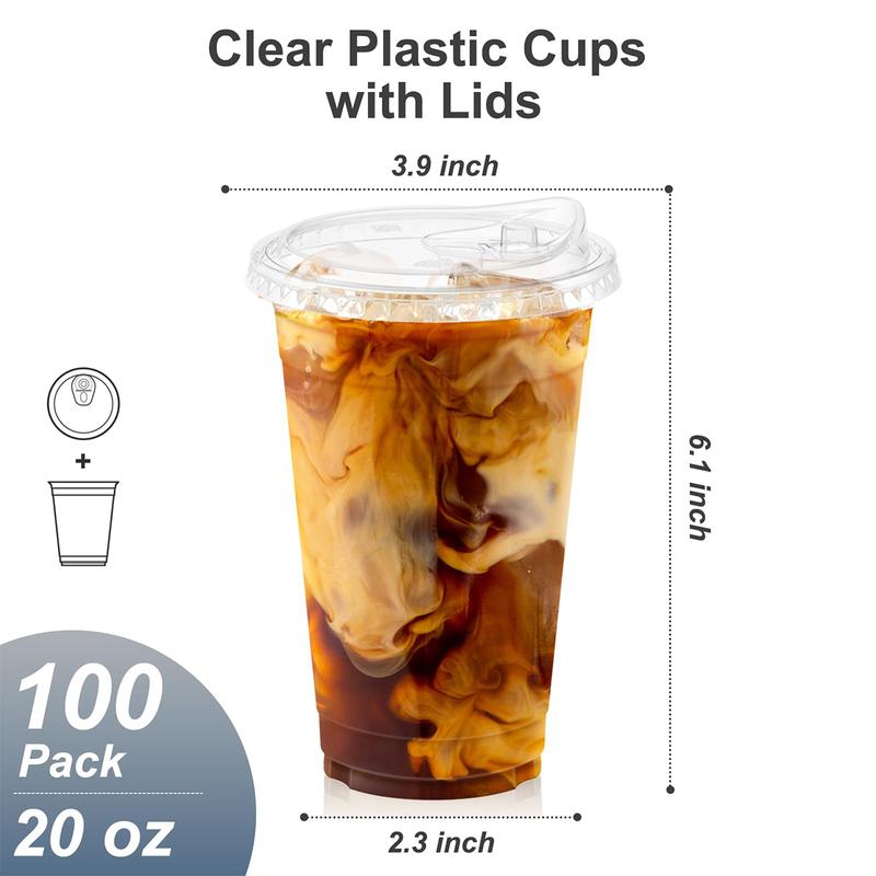 100 Pack - 20 oz Clear Disposable Plastic Cups with Lids, Sturdy & Food Safe, Sip Lids, To-Go Cups, for Iced Coffee, Party, Juice, Milk Tea, Smoothie, Cold Beverages, and Drinks.