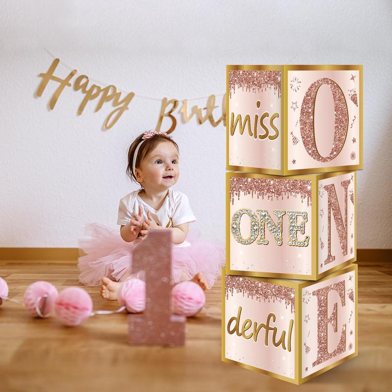 3Pcs 1st Birthday Boxes for Baby Girl, Pink & Rose Gold 'Miss Onederful' for 1st Birthday Decoration