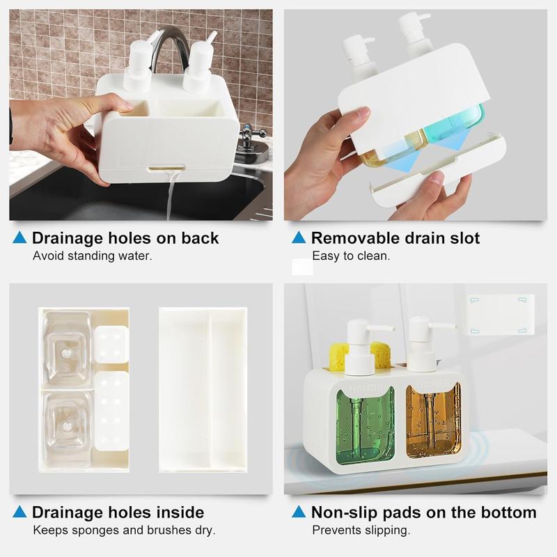 Kitchen Soap Dispenser Set, with Hand and Dish Soap, Sponge Caddy and Brush Holder 4-in-1 Kitchen Dual Soap Dispenser Set for Kitchen Sink, Bathroom - White