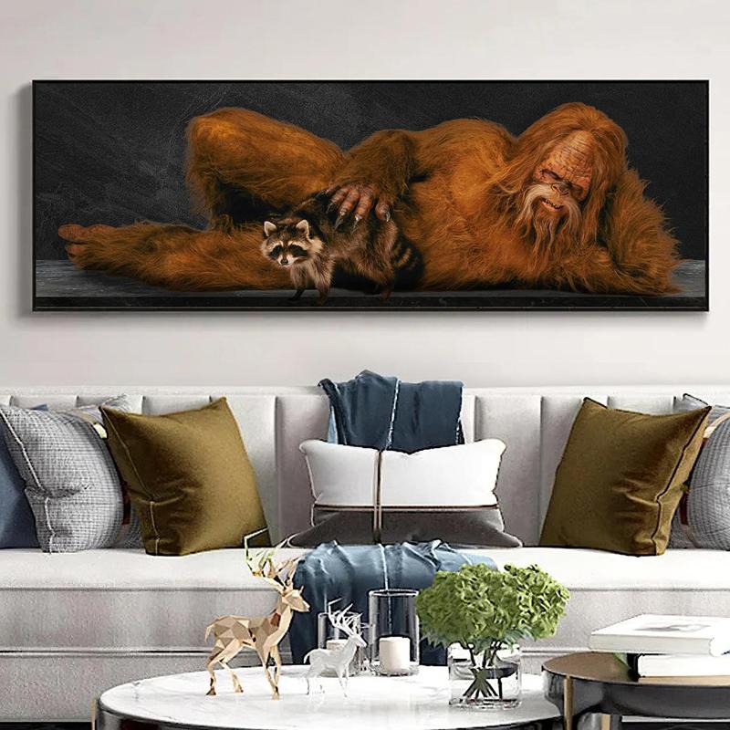 Sasquatch & Raccoon Pattern Canvas Poster without Frame, 1 Count Modern Animal Art Painting, Wall Art Decor for Home Living Room Bedroom Office