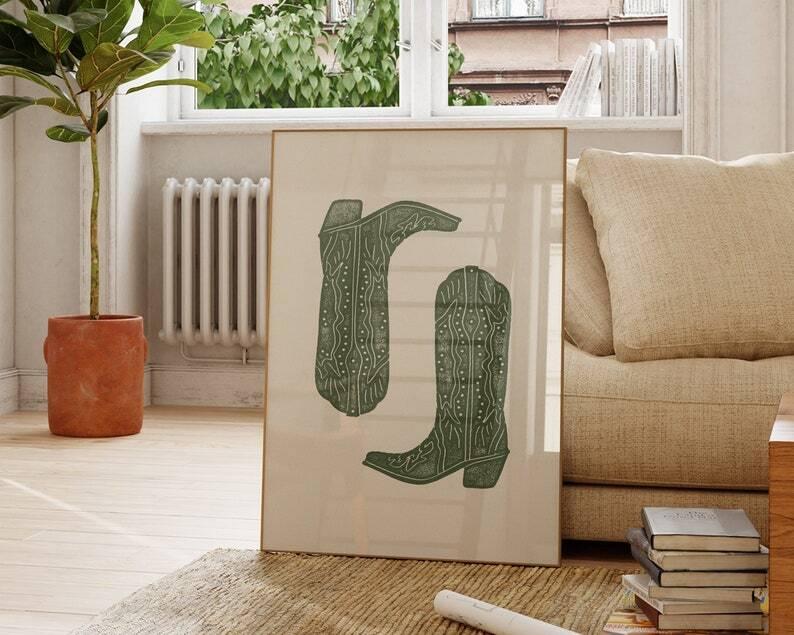 Olive Cowboy Boots Print, Minimalist Southern Wall Art Poster, Vintage Western Cowgirl Art, Cute Apartment Decor UNFRAMED