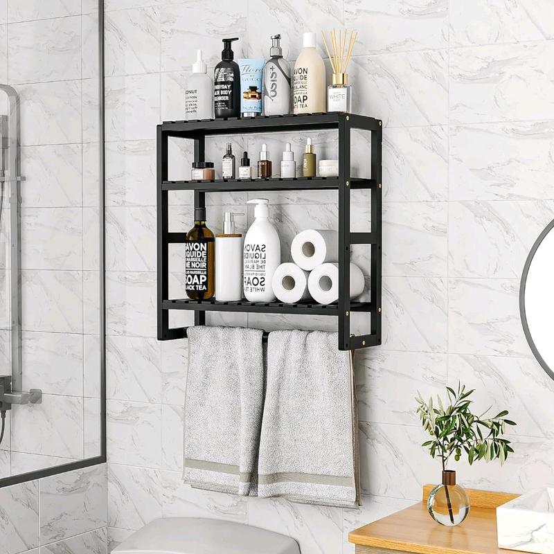 Over The Toilet Storage Bathroom Storage Shelves Organizer Adjustable 3 Tiers Floating Shelves for Wall Mounted with Hanging Rod (Black)