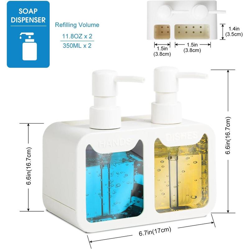 Kitchen Soap Dispenser Set, with Hand and Dish Soap, Sponge Caddy and Brush Holder 4-in-1 Kitchen Dual Soap Dispenser Set for Kitchen Sink, Bathroom - White