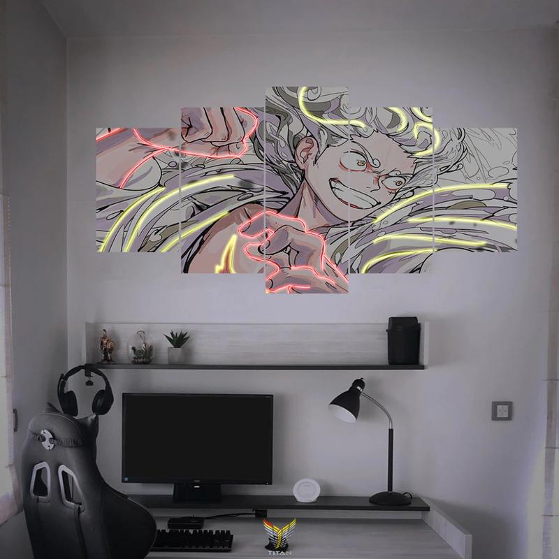 Set of 5 Neon collage wall paintings (Imitation LED) with Onepiece theme, decal material, double-sided tape included, anime decor