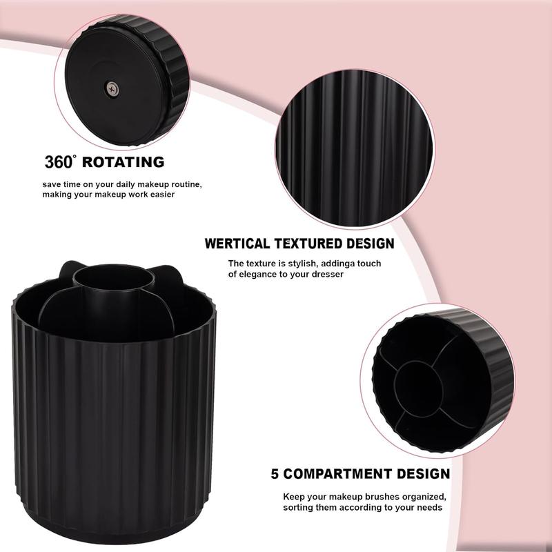 Makeup Brush Holder Organizer 360Rotating Make Up Brushes Container for Vanity, Spinning Cosmetics Storage Cup Pen Holder, Stripe Black