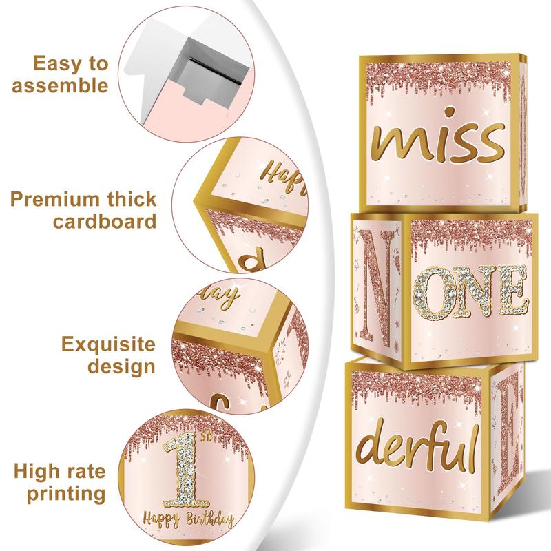 3Pcs 1st Birthday Boxes for Baby Girl, Pink & Rose Gold 'Miss Onederful' for 1st Birthday Decoration