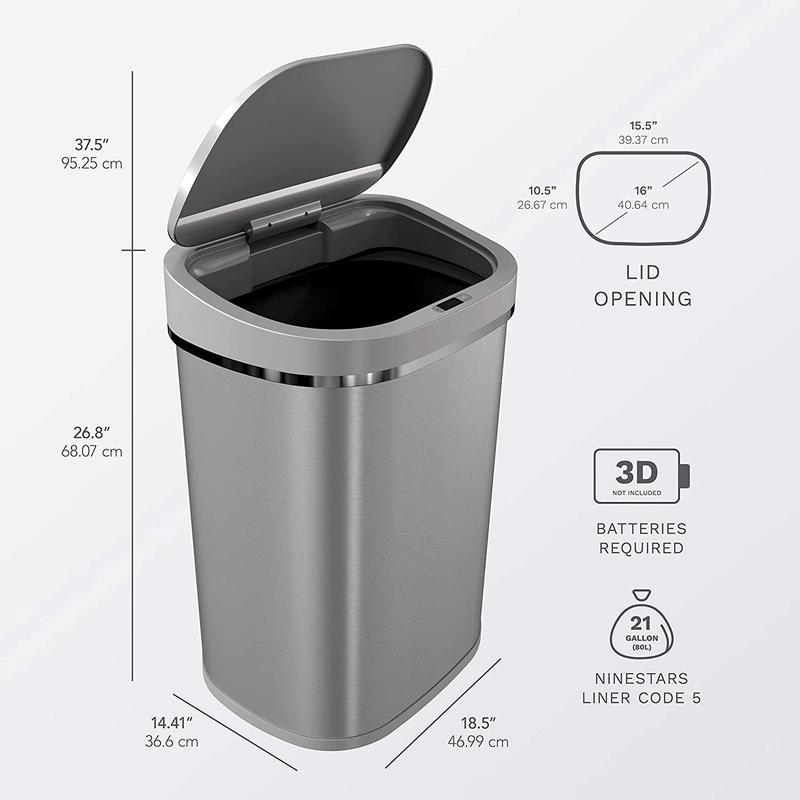 NINESTARS 21 Gallon Rectangular Motion Sensor Trash Can with Manual Mode