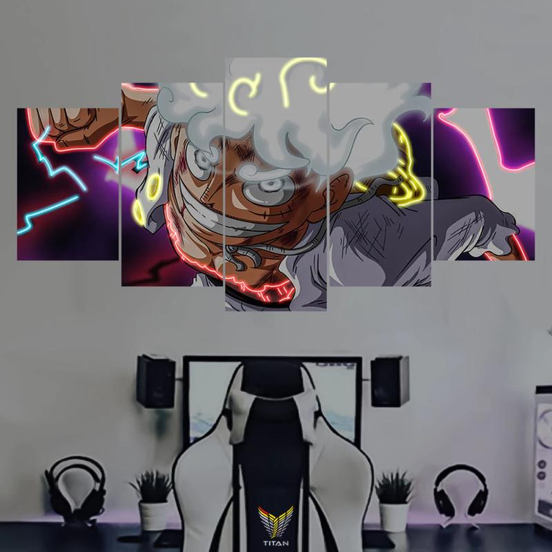 Set of 5 Neon collage wall paintings (Imitation LED) with Onepiece theme, decal material, double-sided tape included, anime decor