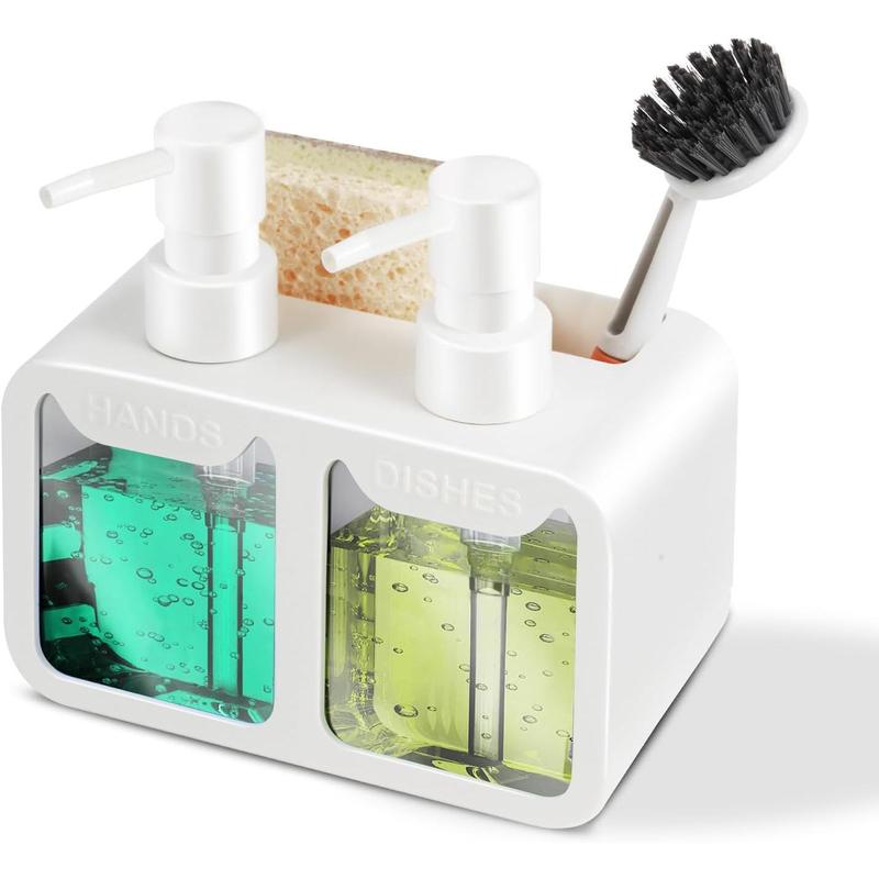 Kitchen Soap Dispenser Set, with Hand and Dish Soap, Sponge Caddy and Brush Holder 4-in-1 Kitchen Dual Soap Dispenser Set for Kitchen Sink, Bathroom - White