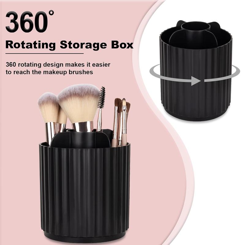 Makeup Brush Holder Organizer 360Rotating Make Up Brushes Container for Vanity, Spinning Cosmetics Storage Cup Pen Holder, Stripe Black