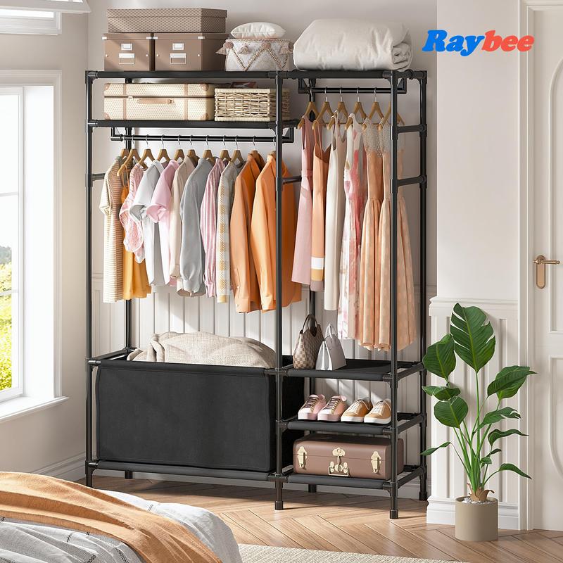 RaybeeFurniture Clothes Rack, Clothing Rack for Hanging Clothes 3-in-1 Garment Rack with Large Storage Bag, Portable Closet Rack for Shoes, Freestanding Clothes Rack for Bedroom, Entryway, Black