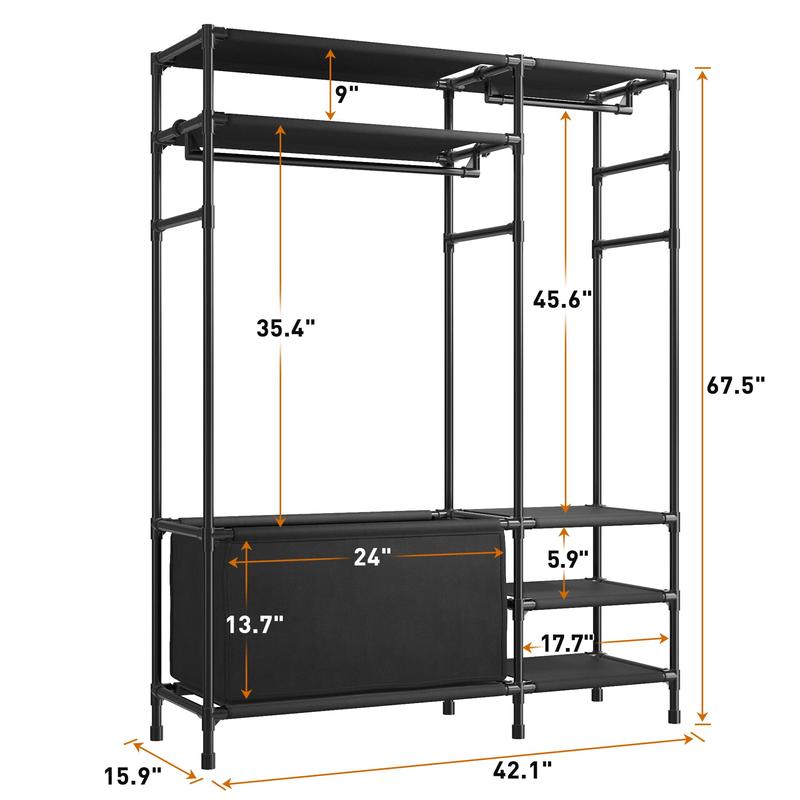 RaybeeFurniture Clothes Rack, Clothing Rack for Hanging Clothes 3-in-1 Garment Rack with Large Storage Bag, Portable Closet Rack for Shoes, Freestanding Clothes Rack for Bedroom, Entryway, Black