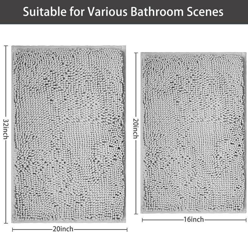 Bathroom Rugs Sets 2 count Bath mat Extra Soft Super Absorbent Strong PVC Non Slip Backing Washable Bath Rugs for Bathroom Bathtub Toilet Sink (Light Grey)