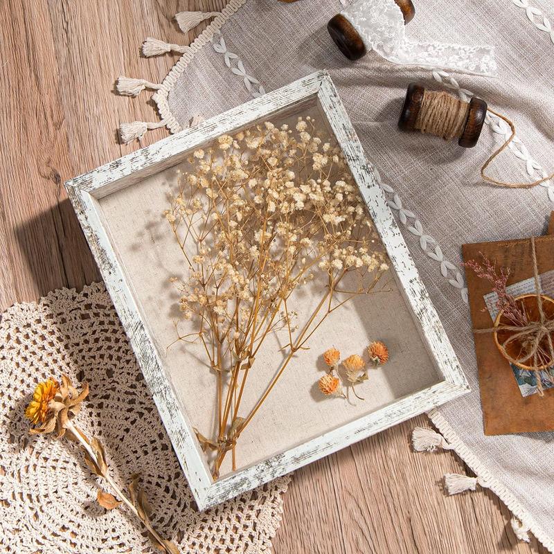 Califortree 8x10 Shadow Box Frame with Linen Back - Real Glass, Push Pins Included, Sturdy Rustic Memory Display Case, Distressed White