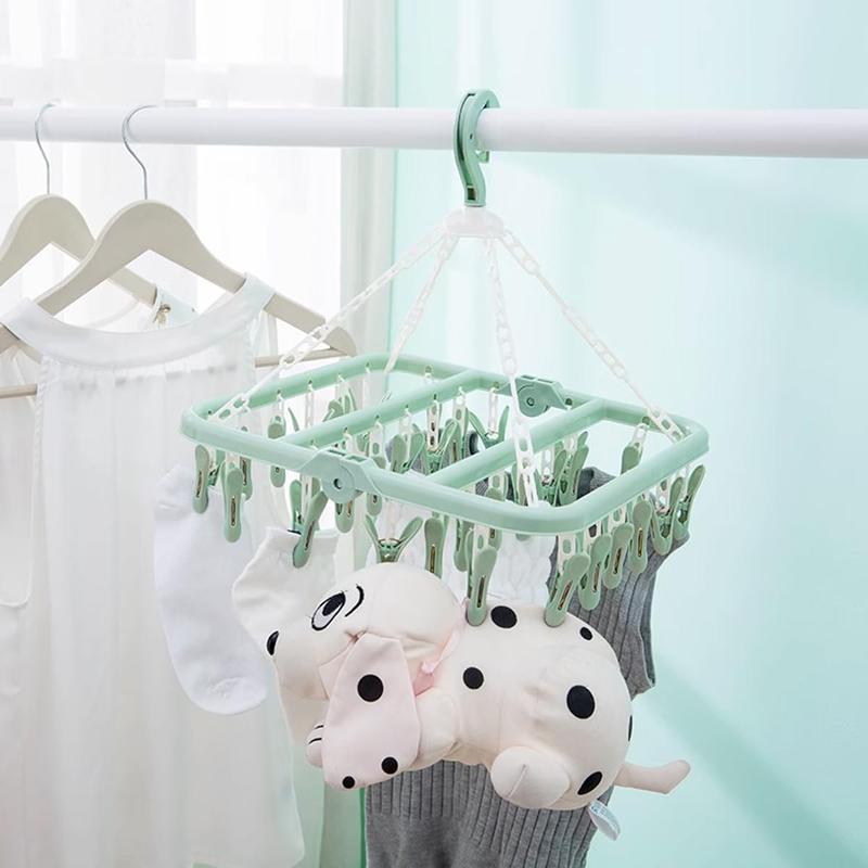 Foldable Clothes Drying Hanger with 32 Clips and Drip Foldable Hanging Sock Rack