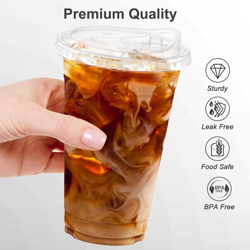 100 Pack - 20 oz Clear Disposable Plastic Cups with Lids, Sturdy & Food Safe, Sip Lids, To-Go Cups, for Iced Coffee, Party, Juice, Milk Tea, Smoothie, Cold Beverages, and Drinks.