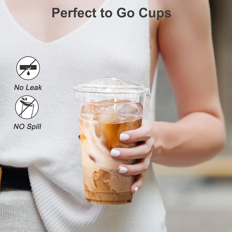 100 Pack - 20 oz Clear Disposable Plastic Cups with Lids, Sturdy & Food Safe, Sip Lids, To-Go Cups, for Iced Coffee, Party, Juice, Milk Tea, Smoothie, Cold Beverages, and Drinks.