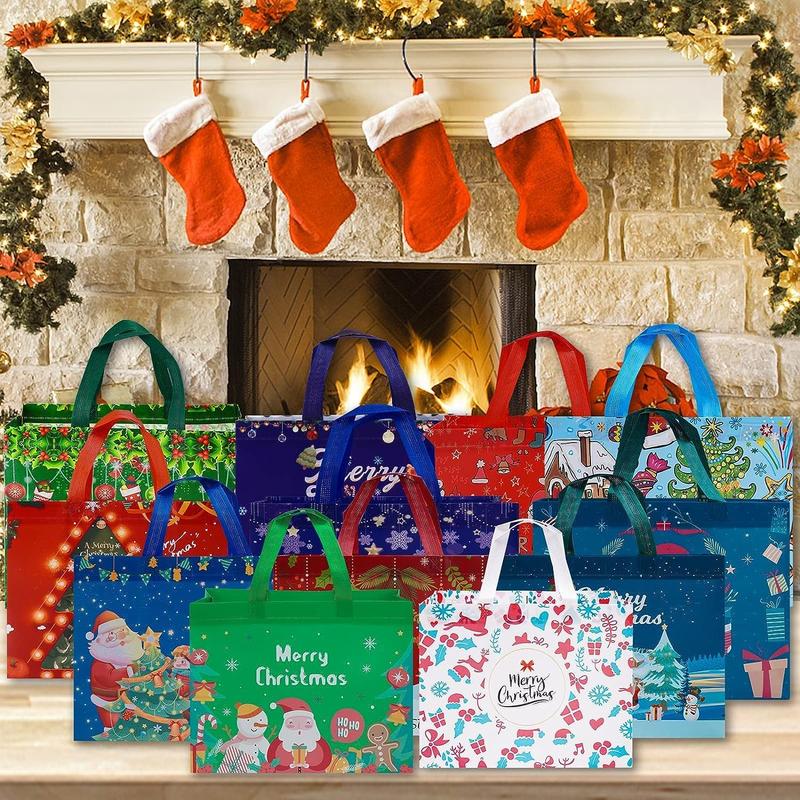 12 Pack Christmas Gift Bags Large Reusable Christmas Tote Bags, Non-Woven Christmas Bags for New Year's Shopping, Christmas Surprise, Xmas Party Supplies,12.8