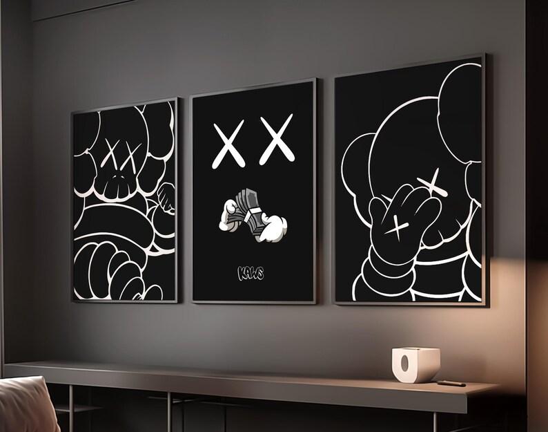 Set of 3 HypeBeast Room Decor, Kaws Wall Art, Hypebeast Poster, Black Aesthetic Print, Cool Wall Art, Kaws Poster