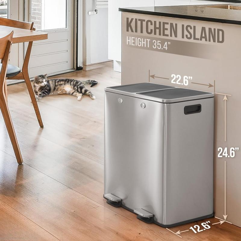 Dual Trash Can with Double Lid, Trash and Recycle Bins Combo, Hands-Free Stainless-Steel Garbage Can for Kitchen, with 2 Compartment, Hinged Lid, Odor Filters, Handles, 30L+30L, 2 x 8 Gallon