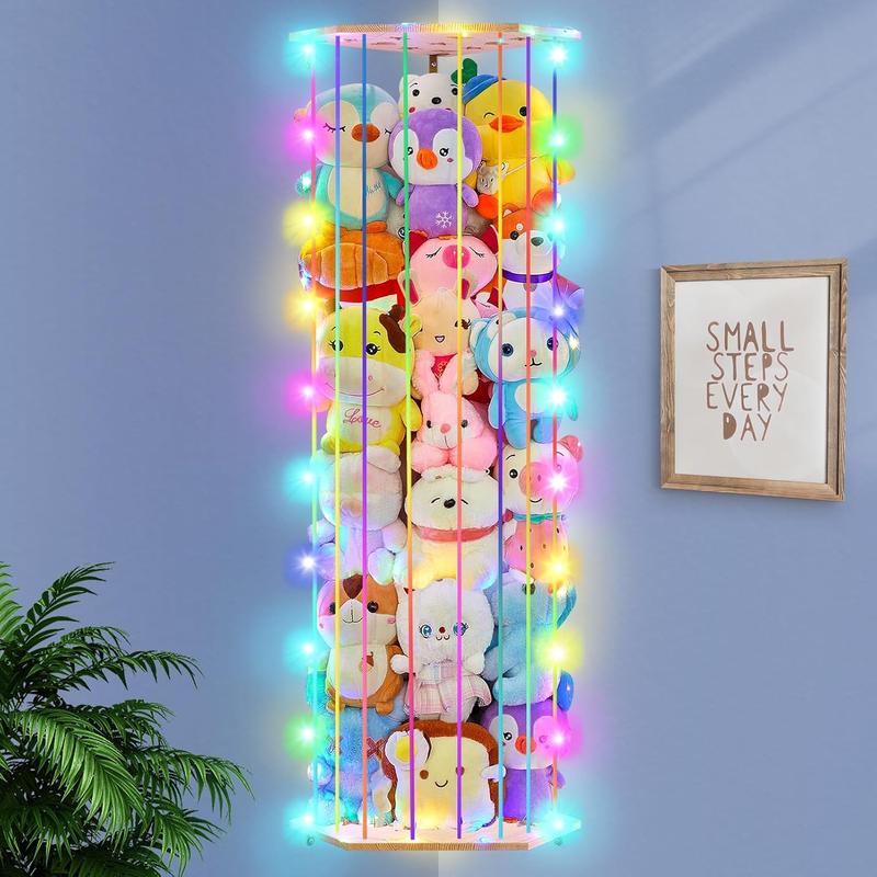 Stuffed  Storage Organizer with LED Light Corner Hanging Stuffed  Zoo Cage with Adjustable Height   Plushie Toys Storage for  Playroom Bedroom Wall Decor Rainbow