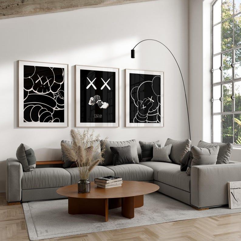 Set of 3 HypeBeast Room Decor, Kaws Wall Art, Hypebeast Poster, Black Aesthetic Print, Cool Wall Art, Kaws Poster