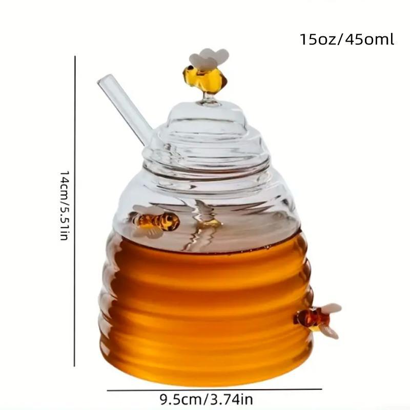 Honey Jar with Lid & Stirring Stick, 1 Count Glass Honey Pot with Bee Design Ornament, Honey Container for Home Kitchen Dining Room