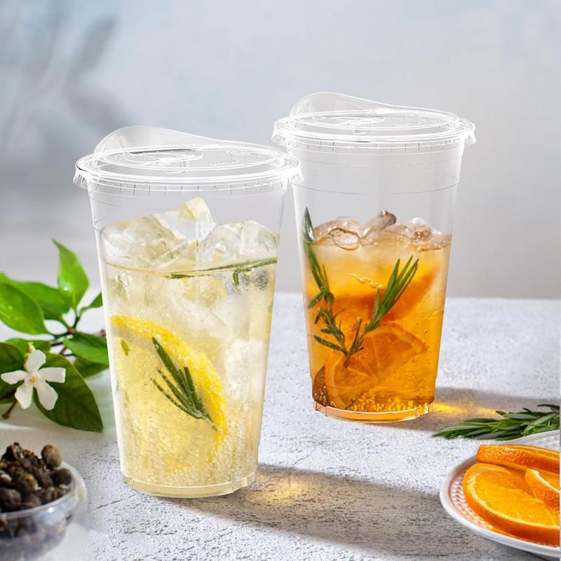 100 Pack - 20 oz Clear Disposable Plastic Cups with Lids, Sturdy & Food Safe, Sip Lids, To-Go Cups, for Iced Coffee, Party, Juice, Milk Tea, Smoothie, Cold Beverages, and Drinks.