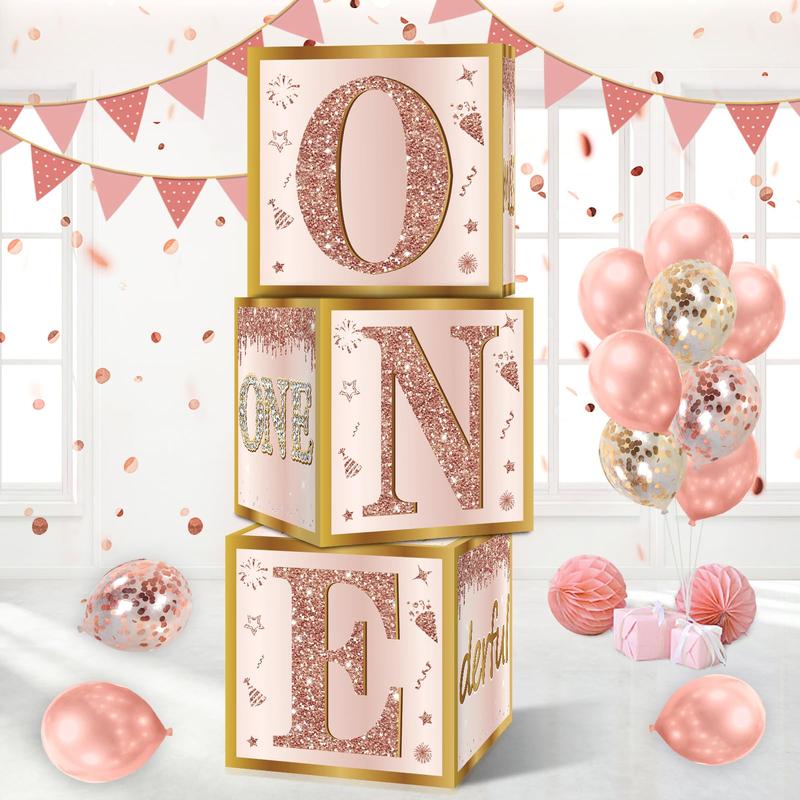 3Pcs 1st Birthday Boxes for Baby Girl, Pink & Rose Gold 'Miss Onederful' for 1st Birthday Decoration