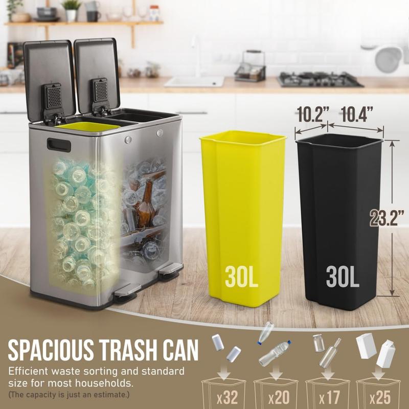 Dual Trash Can with Double Lid, Trash and Recycle Bins Combo, Hands-Free Stainless-Steel Garbage Can for Kitchen, with 2 Compartment, Hinged Lid, Odor Filters, Handles, 30L+30L, 2 x 8 Gallon