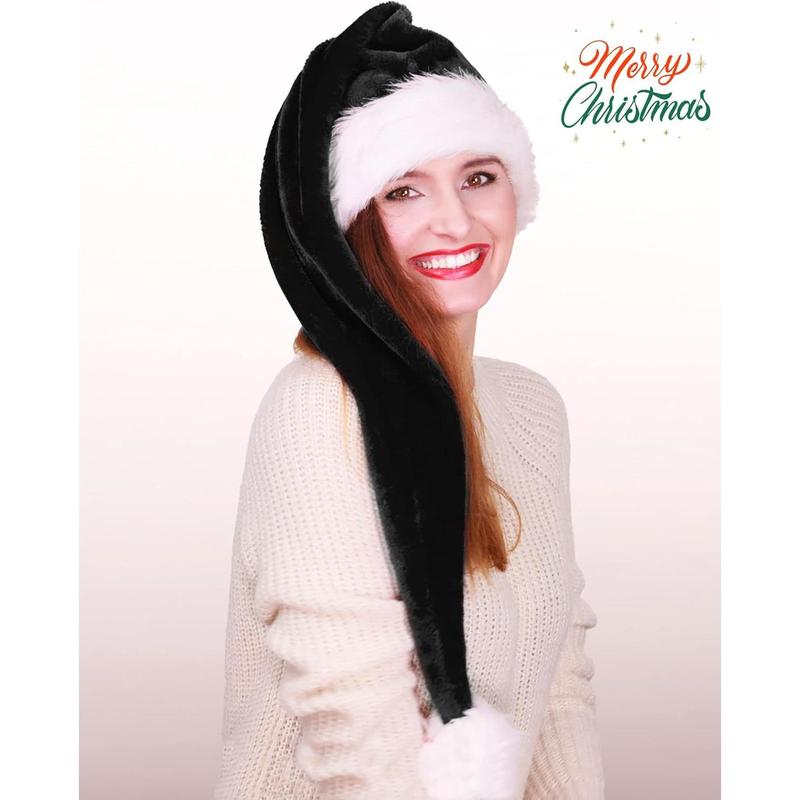 Christmas Black Santa Hat Long, Adults Deluxe Black and White Xmas Christmas Hat for Black Christmas Theme New Year Festive Holiday Party Supplies