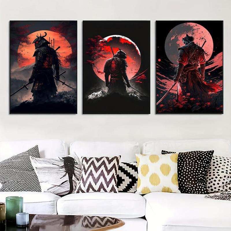 Samurai Pattern Canvas Painting without Frame, 3 Counts set Moon & Samurai Pattern Wall Art Painting, Wall Art Decor for Living Room Bedroom Office